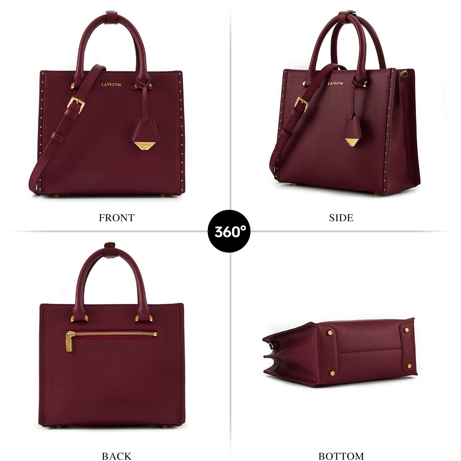 LA FESTIN Top Handle Leather Bag Women Shoulder Bag with Adjustable Strap Burgundy Purse