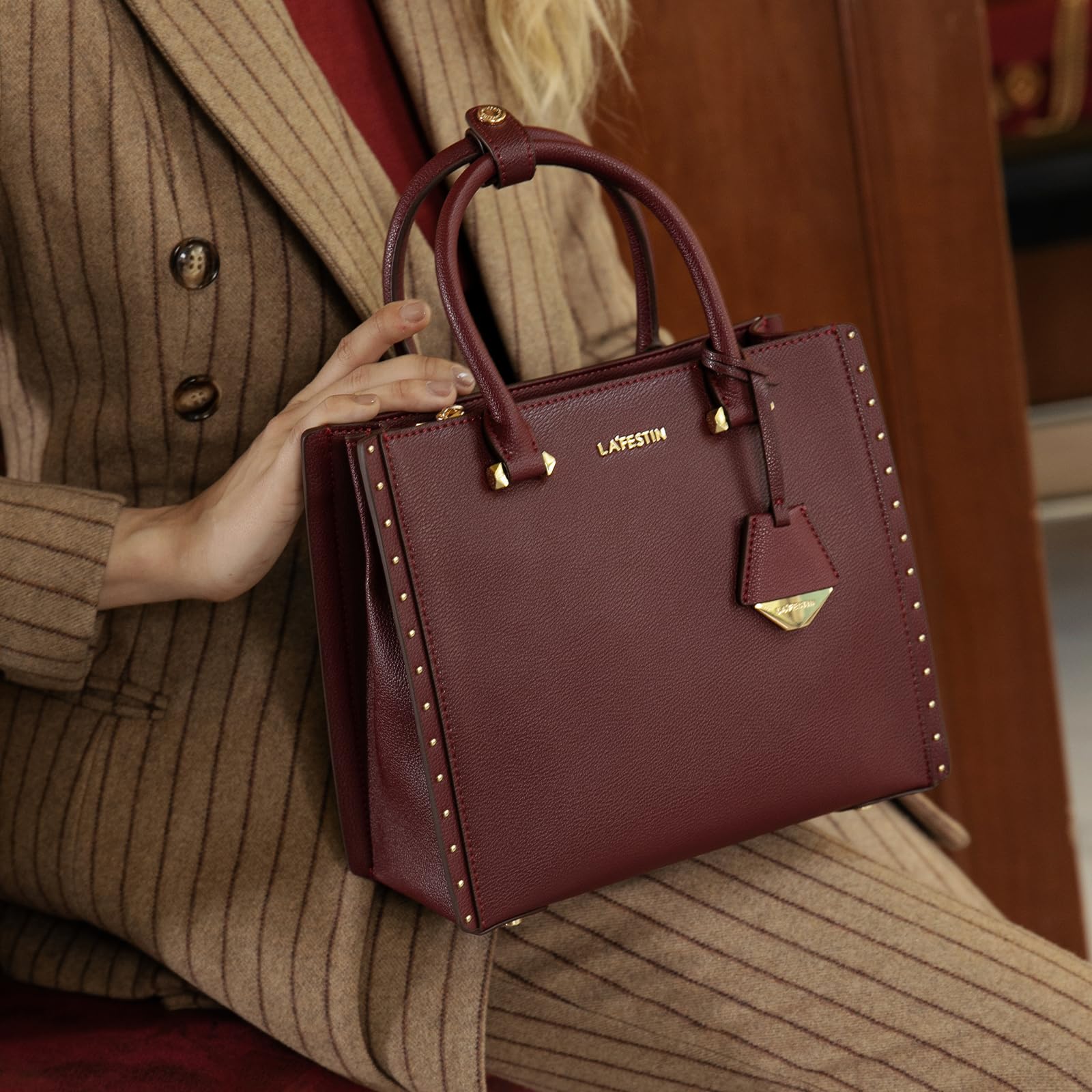 LA FESTIN Top Handle Leather Bag Women Shoulder Bag with Adjustable Strap Burgundy Purse