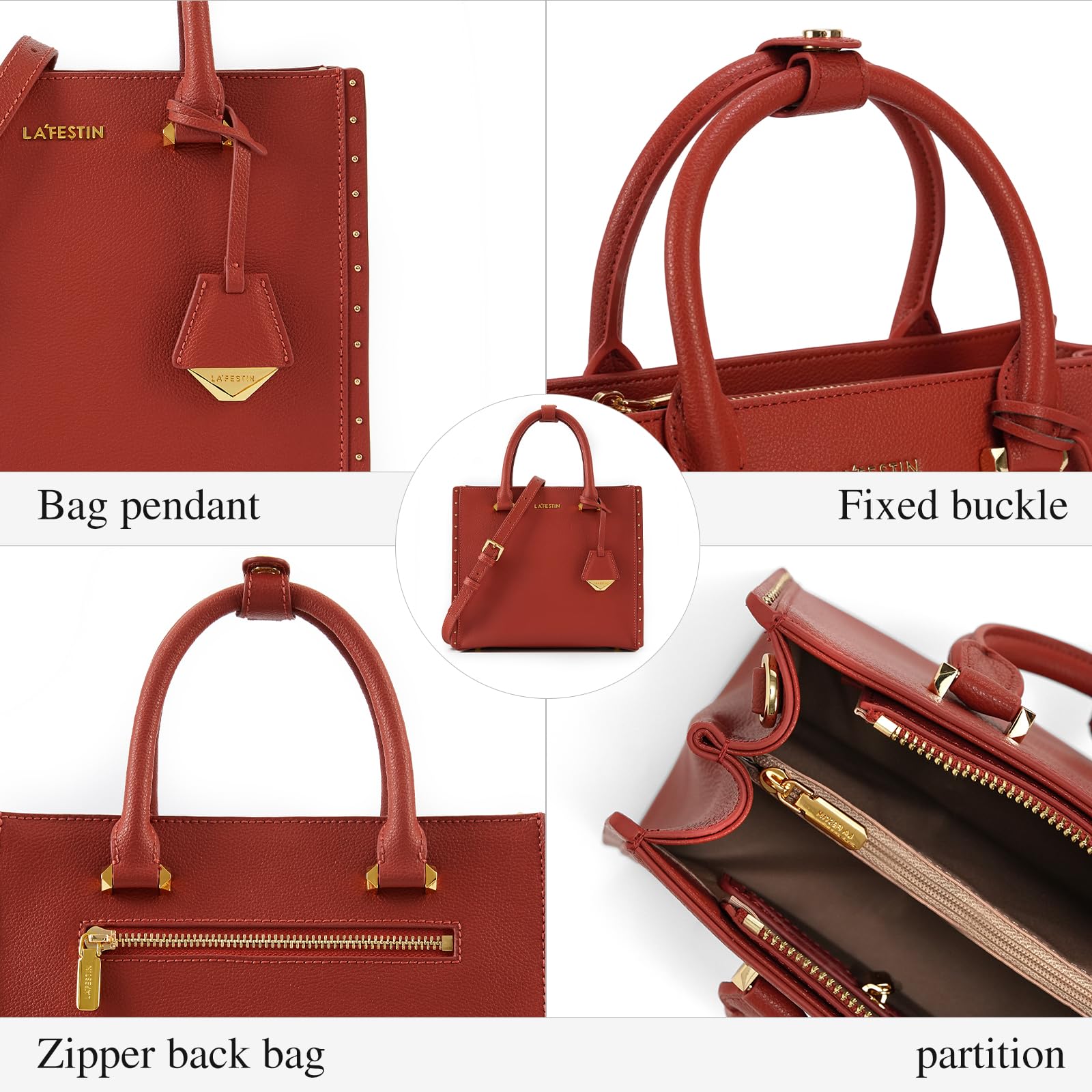 LA FESTIN Top Handle Leather Bag Women Shoulder Bag with Adjustable Strap Burgundy Purse