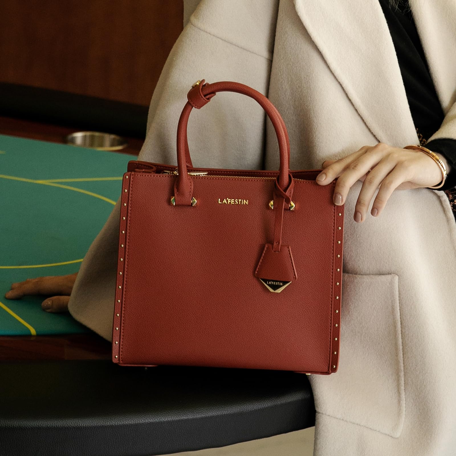 LA FESTIN Top Handle Leather Bag Women Shoulder Bag with Adjustable Strap Burgundy Purse