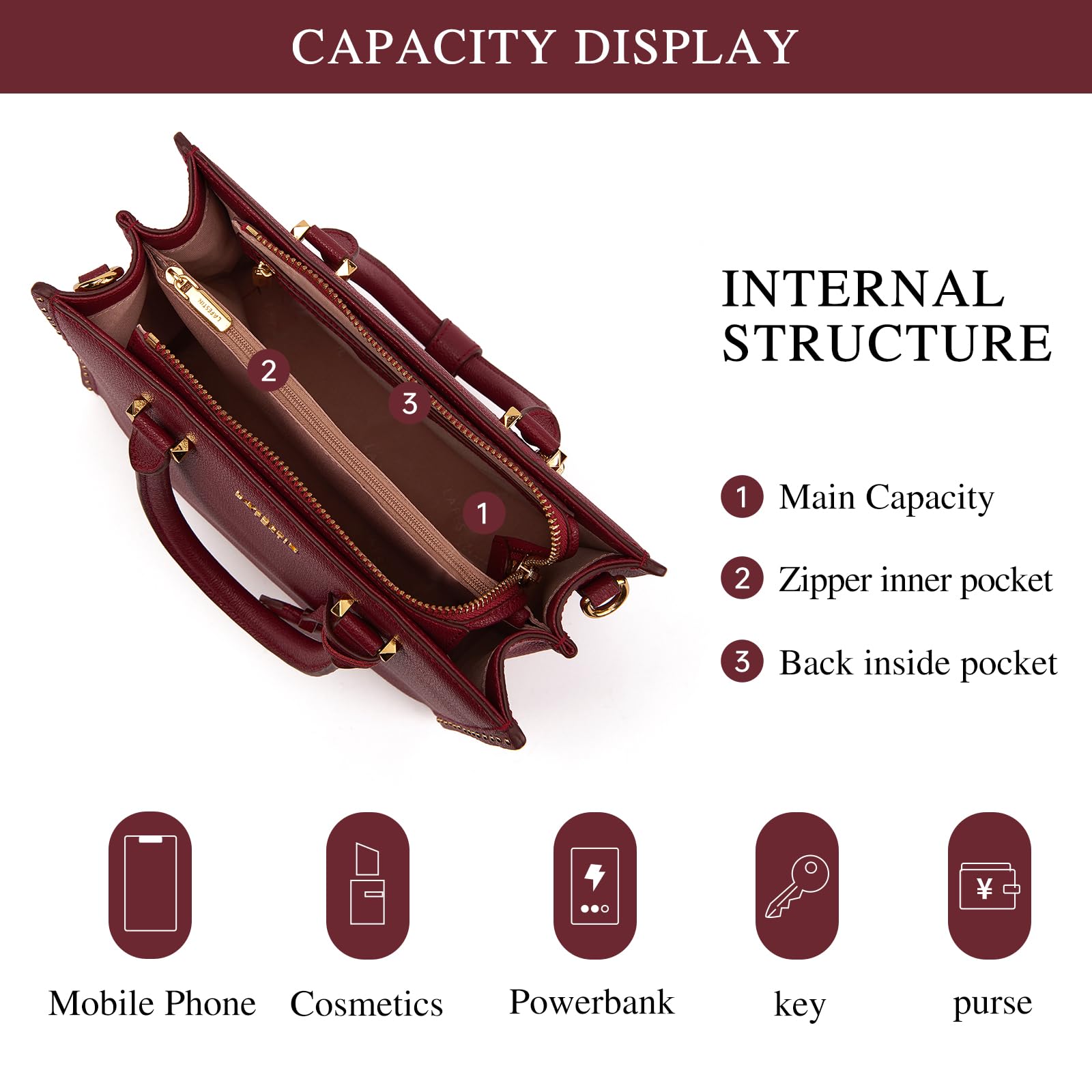 LA FESTIN Top Handle Leather Bag Women Shoulder Bag with Adjustable Strap Burgundy Purse