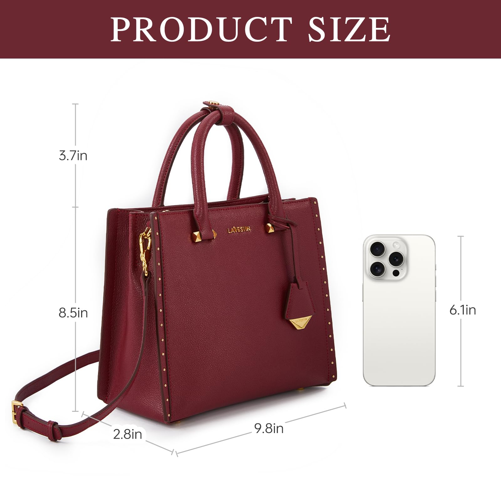 LA FESTIN Top Handle Leather Bag Women Shoulder Bag with Adjustable Strap Burgundy Purse