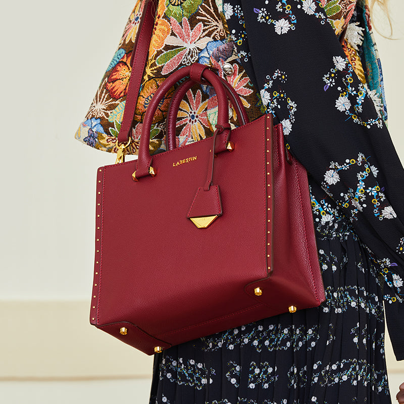 LA FESTIN Top Handle Leather Bag Women Shoulder Bag with Adjustable Strap Burgundy Purse