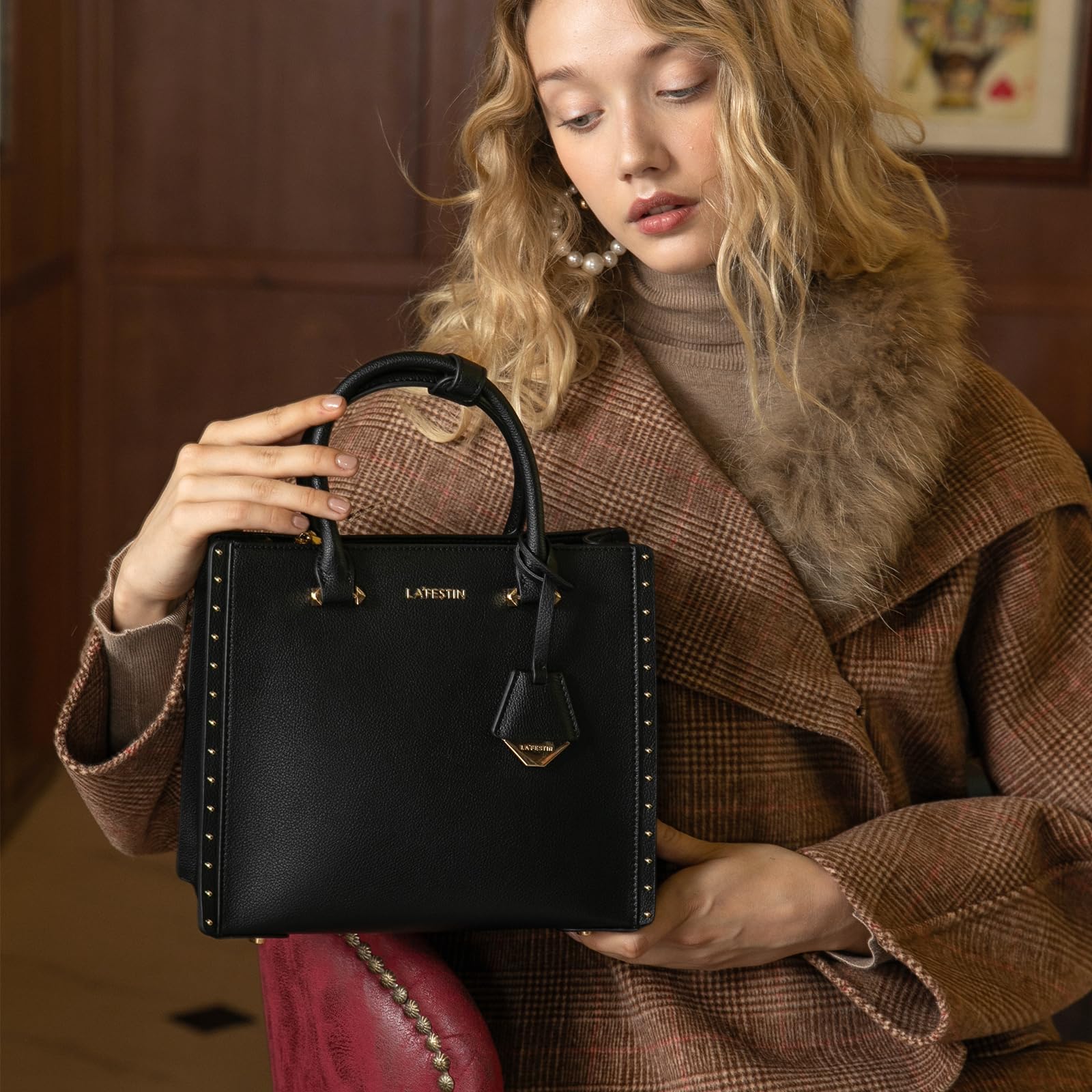 LA FESTIN Top Handle Leather Bag Women Shoulder Bag with Adjustable Strap Burgundy Purse