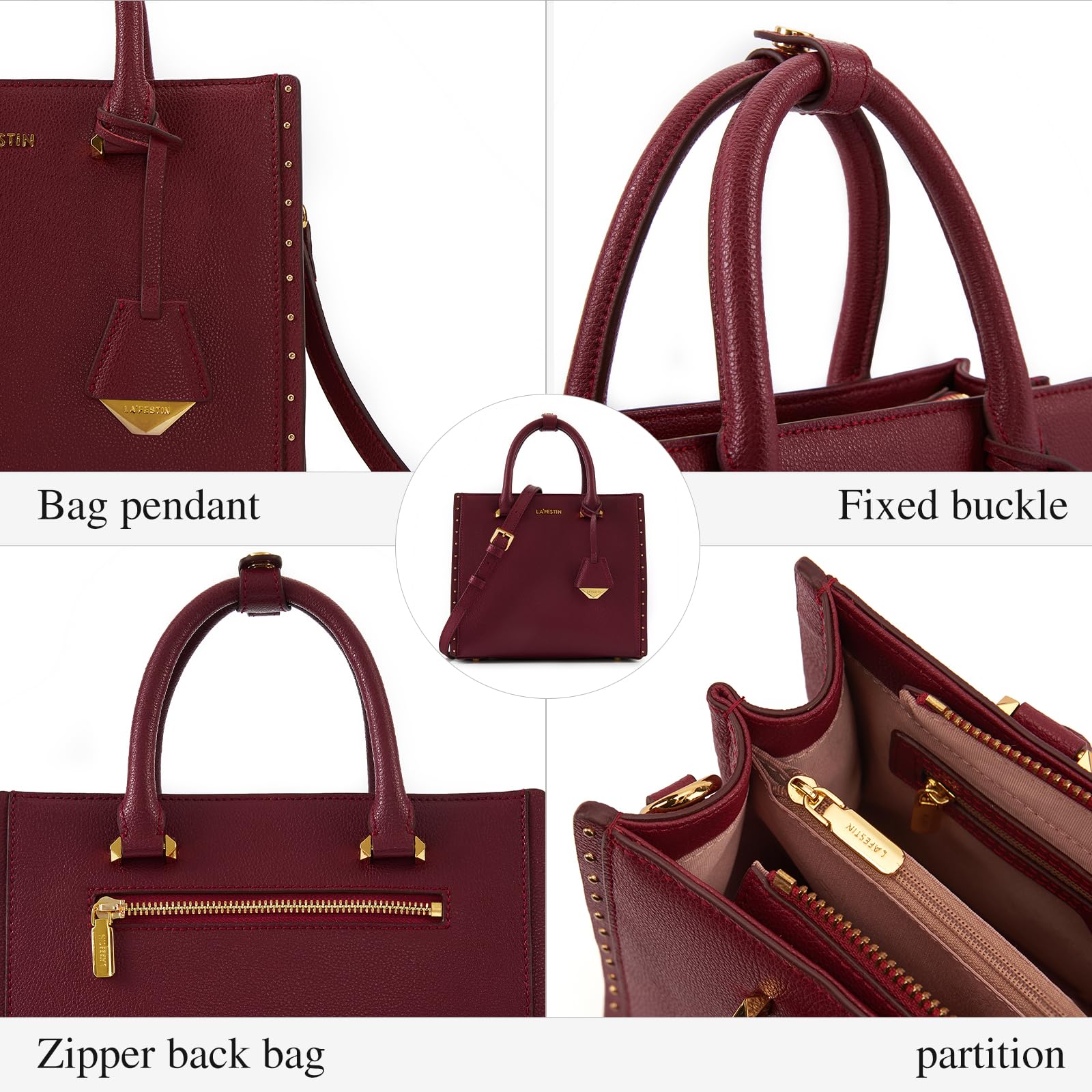 LA FESTIN Top Handle Leather Bag Women Shoulder Bag with Adjustable Strap Burgundy Purse